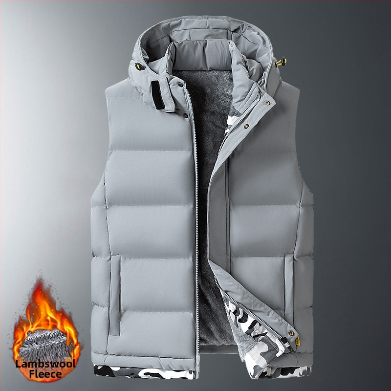 Plius dydžio rudens ir žiemos pūkinė medvilninė liemenė vyrams, nuimamas gobtuvas, sportiniai medvilniniai drabužiai, ėrienos aksominė liemenė, striukė, apsauganti nuo šalčio, storinanti