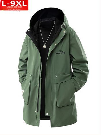 Μοντέρνα Ανδρικά Ρούχα Ποιότητας Άνοιξης και Φθινοπώρου Όμορφο Παλτό με Κουκούλα σε Όλα τα Χρώματα, Χοντρό Ανδρικό, Επιπλατινωμένο, Ριχτό Μπουφάν μεσαίου Μήκους, Plus Size