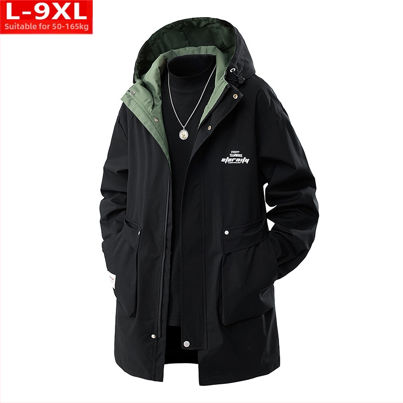 Μοντέρνα Ανδρικά Ρούχα Ποιότητας Άνοιξης και Φθινοπώρου Όμορφο Παλτό με Κουκούλα σε Όλα τα Χρώματα, Χοντρό Ανδρικό, Επιπλατινωμένο, Ριχτό Μπουφάν μεσαίου Μήκους, Plus Size