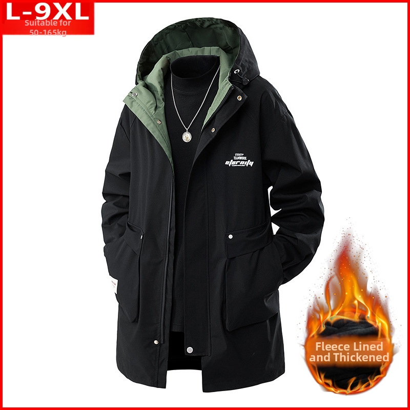 Μοντέρνα Ανδρικά Ρούχα Ποιότητας Άνοιξης και Φθινοπώρου Όμορφο Παλτό με Κουκούλα σε Όλα τα Χρώματα, Χοντρό Ανδρικό, Επιπλατινωμένο, Ριχτό Μπουφάν μεσαίου Μήκους, Plus Size