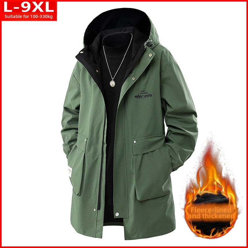 Μοντέρνα Ανδρικά Ρούχα Ποιότητας Άνοιξης και Φθινοπώρου Όμορφο Παλτό με Κουκούλα σε Όλα τα Χρώματα, Χοντρό Ανδρικό, Επιπλατινωμένο, Ριχτό Μπουφάν μεσαίου Μήκους, Plus Size