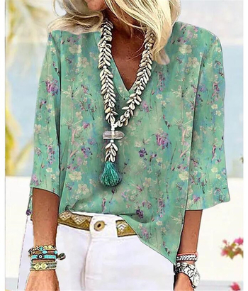 2023. aasta Euroopa ja Ameerika Ühendriikide piiriülesed suvised uued naisterõivad Amazon AliExpressist, vabaajatrükiga lahtise V-kaelusega jakiga.