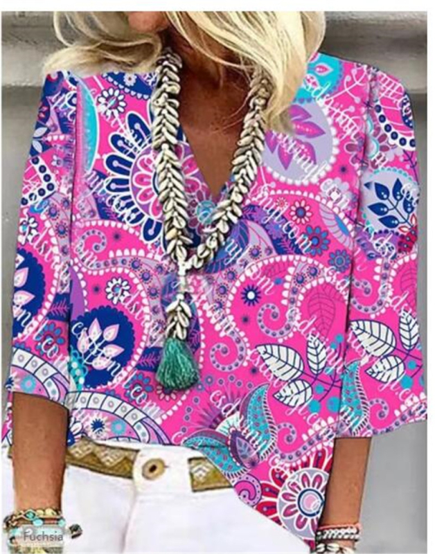 2023. aasta Euroopa ja Ameerika Ühendriikide piiriülesed suvised uued naisterõivad Amazon AliExpressist, vabaajatrükiga lahtise V-kaelusega jakiga.