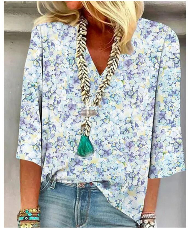 2023. aasta Euroopa ja Ameerika Ühendriikide piiriülesed suvised uued naisterõivad Amazon AliExpressist, vabaajatrükiga lahtise V-kaelusega jakiga.