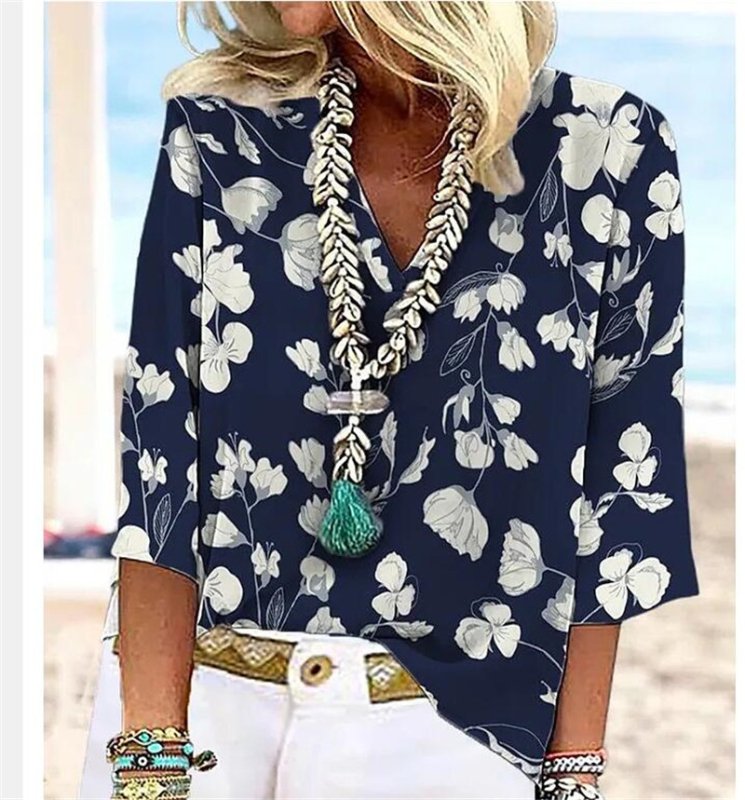 2023. aasta Euroopa ja Ameerika Ühendriikide piiriülesed suvised uued naisterõivad Amazon AliExpressist, vabaajatrükiga lahtise V-kaelusega jakiga.