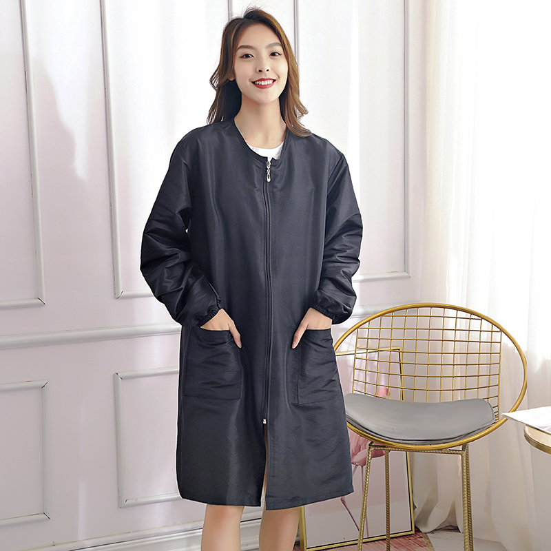 Trumparankoviai kirpėjo darbo drabužiai, plaukų dažymo ir tepimo prijuostė, kirpėjo techniko drabužiai ilgomis rankovėmis su prailgintais kombinezonais.