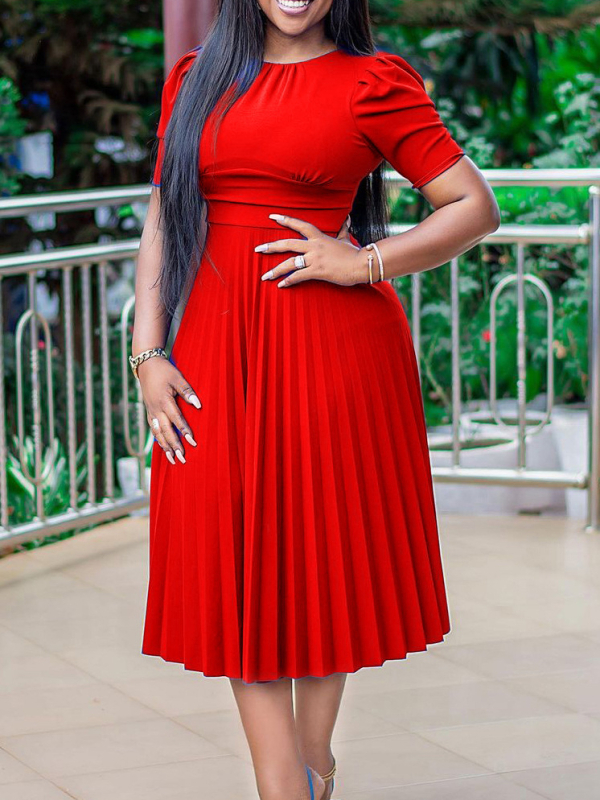 Q093 Amazoni naisterõivad 2023. aasta suvine uus lühikeste varrukatega volditud ühevärviline väliskaubanduse Euroopa ja Ameerika pluss-suuruses piiriülene kleit