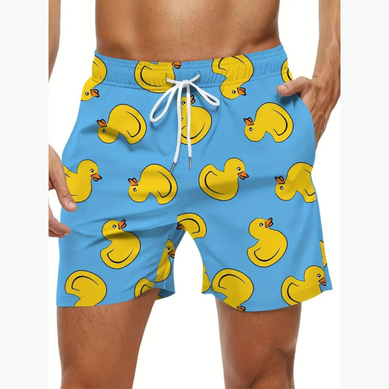 Piiriülesed vabaaja meeste ujumispüksid, Euroopa ja Ameerika stiilis, mugavad, hingavad ja huvitava koomiksiga pardiprindiga rannapüksid rannas surfamiseks