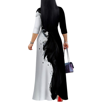 Γυναικεία Ρούχα σε Μεγάλες Πωλήσεις σε Ευρώπη και Αμερική, Διασυνοριακά, Μαύρο Φόρεμα με Επτά Πόδια, Στάμπα, με Στάμπα, Μαύρη, Γυναικεία Ρούχα, MH471