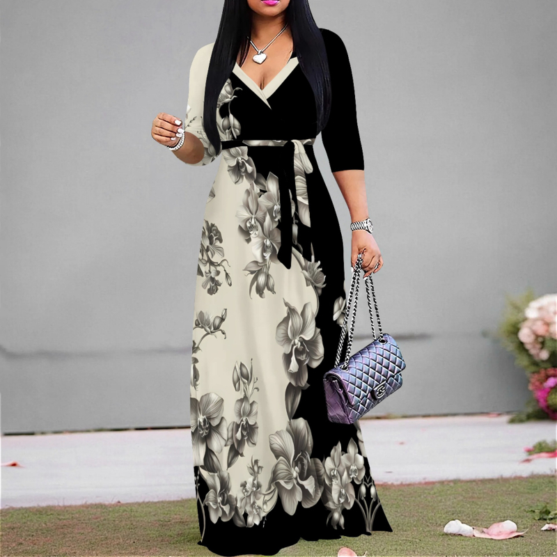 Amazoni kuummüük Euroopa ja Ameerika piiriüleste naiste rõivaste temperamentne pendelrändaja vabaajatrükiga must seitsmepunktiliste varrukatega kleit MH471