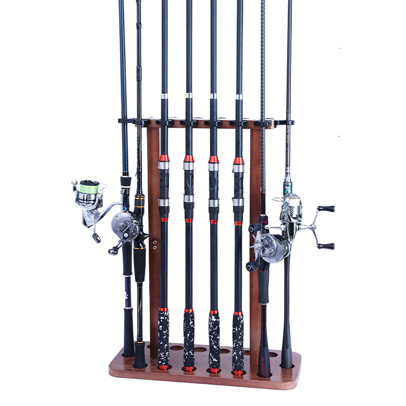 Masīvkoka 8/14 pozīciju uz grīdas novietojams makšķeres statīvs, makšķeres glabāšanas statīvs bez perforācijas, jauns produkts, pārrobežu dizains