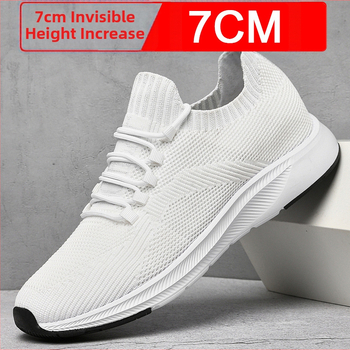 Suvised nähtamatud kõrgust suurendavad meeste kingad 7cm hingavast lendava kootud võrgust kõrgust suurendavad kingad meeste valged tossud vabaaja lauakingad