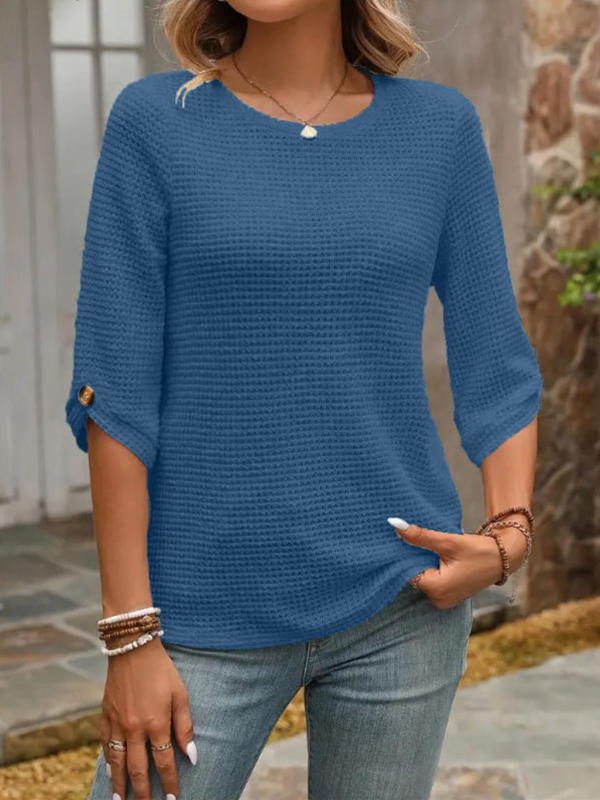 2025. aasta kevad- ja sügisene uus stiil Amazon Aliexpressi väliskaubanduse naiste vabaaja T-särk keskmise varrukaga vahvliga elegantne stiil