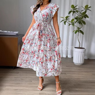 Naiste pluss-suuruses uued 2025. aasta Euroopa ja Ameerika Amazoni piiriülesed suvised uued naiste V-kaelusega trükiga pluusid