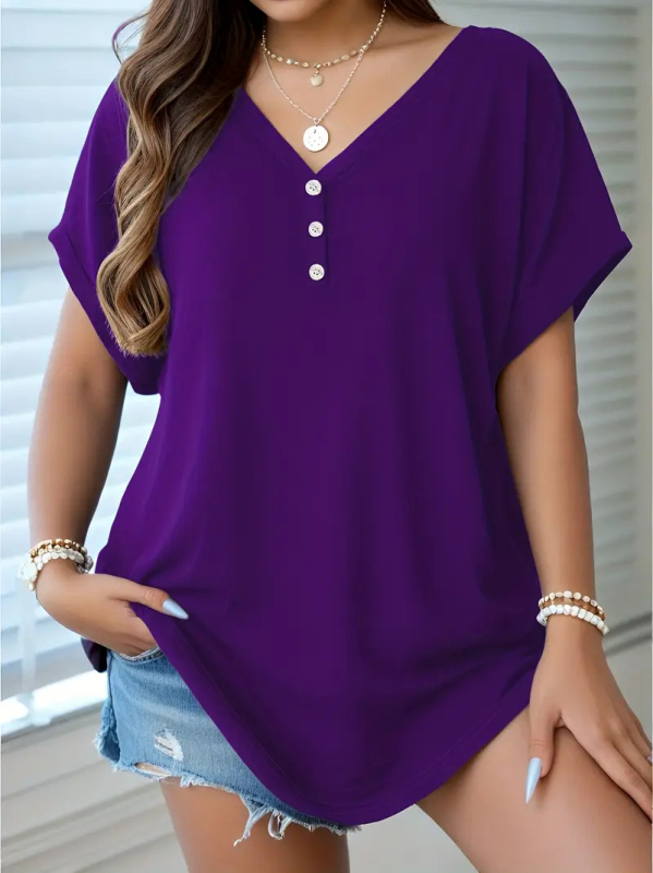 Pluss-suuruses piiriülene 2024. aasta uus Euroopa ja Ameerika stiilis naiste eksporditud topid, nahkhiirevarrukatega vabaaja nööpidega pluss-suuruses T-särk