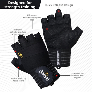 „Gounod Sports Fitness“ puspirščių pirštinės su storomis neslidžiomis, dilimui atspariomis delnų apsaugomis. Sportinės riešų apsaugos. Sunkumų kilnojimo įranga. Delnų apsaugos.