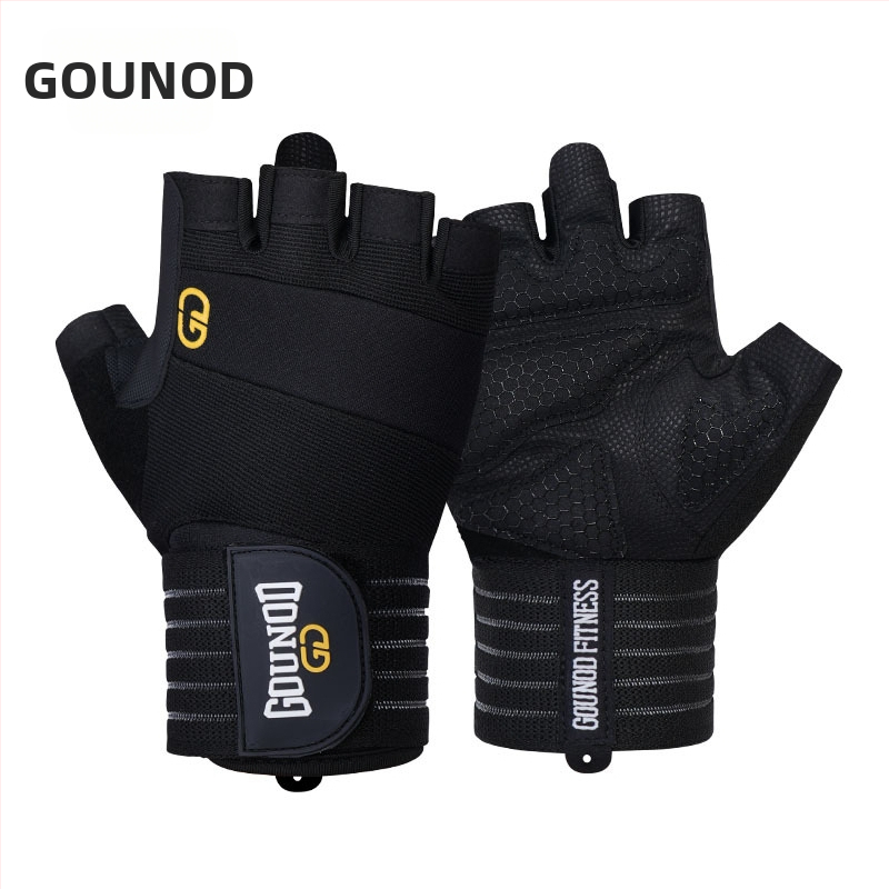 „Gounod Sports Fitness“ puspirščių pirštinės su storomis neslidžiomis, dilimui atspariomis delnų apsaugomis. Sportinės riešų apsaugos. Sunkumų kilnojimo įranga. Delnų apsaugos.