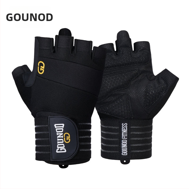 „Gounod Sports Fitness“ puspirščių pirštinės su storomis neslidžiomis, dilimui atspariomis delnų apsaugomis. Sportinės riešų apsaugos. Sunkumų kilnojimo įranga. Delnų apsaugos.