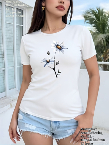 Γυναικείο αθλητικό κοντομάνικο μπλουζάκι με μπλε και λευκή μαργαρίτα - Απαλό ροζ ελαστικό τοπ με στρογγυλή λαιμόκοψη για γυμναστική