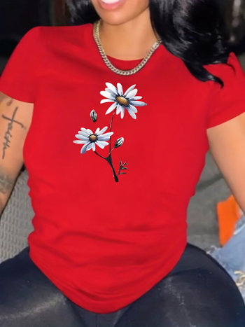 Γυναικείο αθλητικό κοντομάνικο μπλουζάκι με μπλε και λευκή μαργαρίτα - Απαλό ροζ ελαστικό τοπ με στρογγυλή λαιμόκοψη για γυμναστική