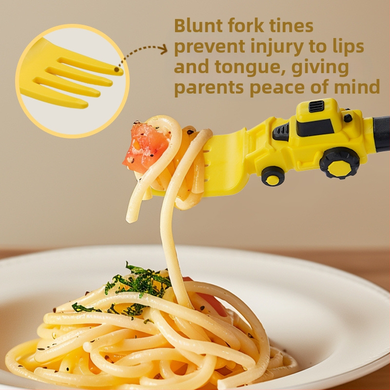 Vaikų darželio inžinerijos transporto priemonės stiliaus tvirtas PP aukštai temperatūrai atsparus kastuvo, šakutės šaukštų rinkinys kūdikiams skirtas animacinis šaukštas šakutė