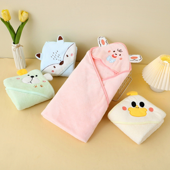 Koralinio aksomo vaikiškas rankšluostis, metmeniniu būdu megztas sustorintas kūdikio vokelis, naujagimio pledukas, animacinio filmuko gobtuvas, tinka visiems metų laikams