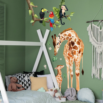 Erinevad koomiksiloomad, kaelkirjaku oksad, linnud, seinakleebised, lastetoa kodu taustakaunistused, kaunistavad isekleepuvad seinakleebised