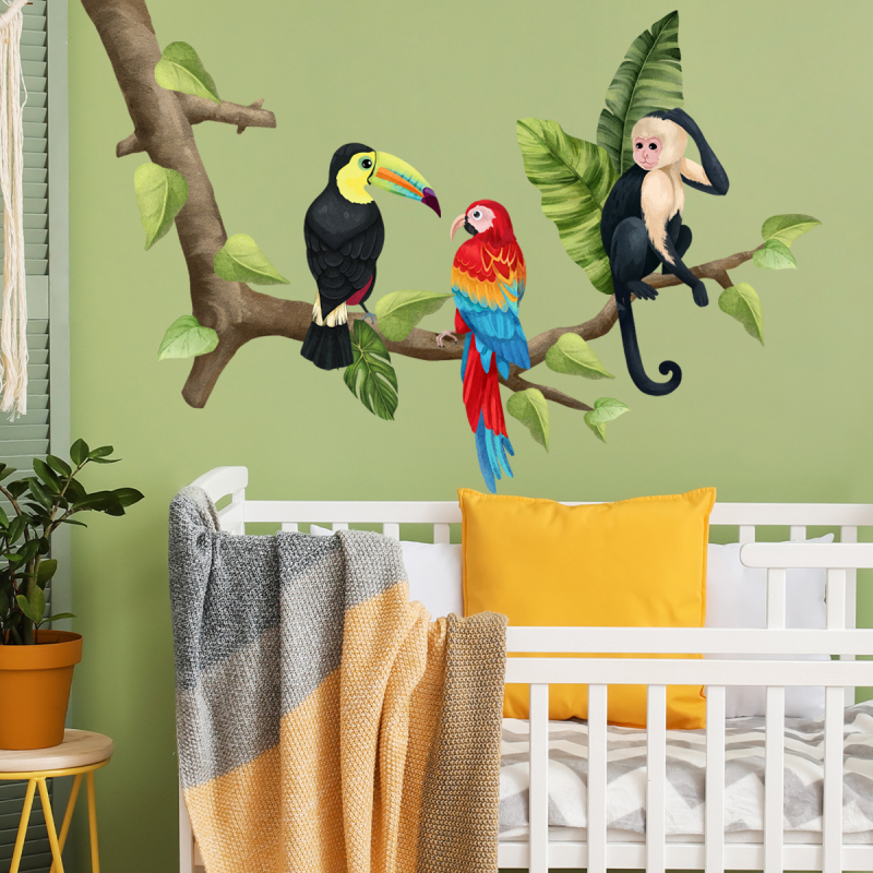 Erinevad koomiksiloomad, kaelkirjaku oksad, linnud, seinakleebised, lastetoa kodu taustakaunistused, kaunistavad isekleepuvad seinakleebised