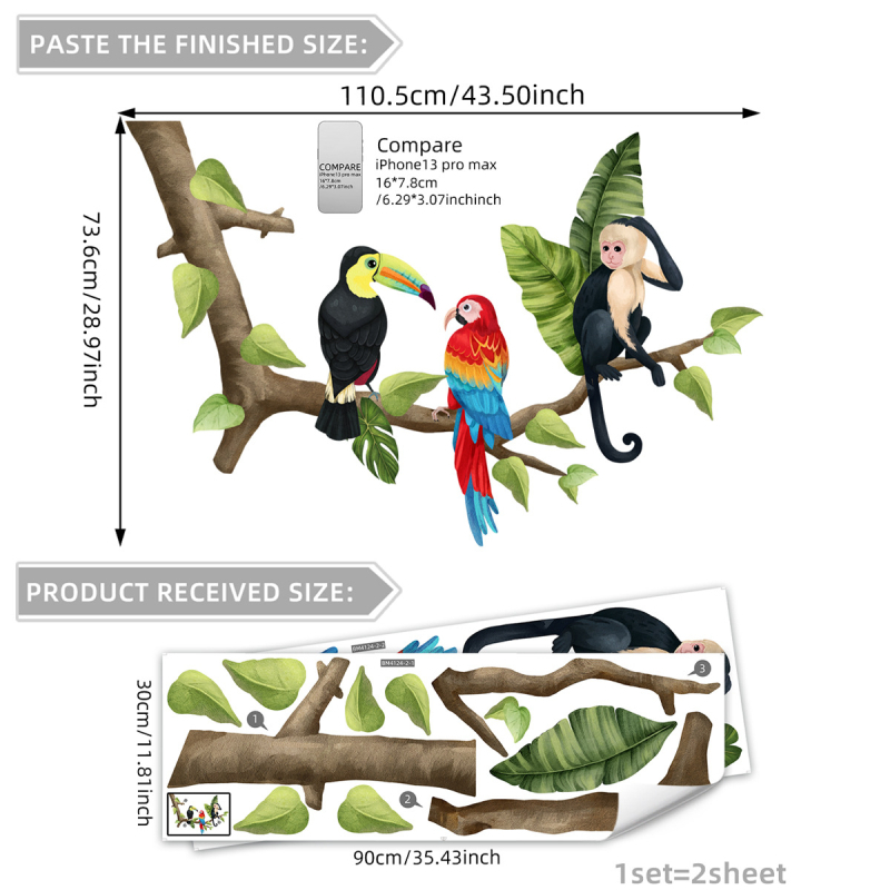 Erinevad koomiksiloomad, kaelkirjaku oksad, linnud, seinakleebised, lastetoa kodu taustakaunistused, kaunistavad isekleepuvad seinakleebised