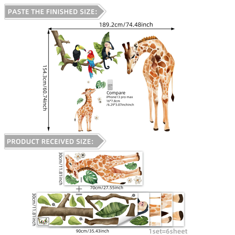 Erinevad koomiksiloomad, kaelkirjaku oksad, linnud, seinakleebised, lastetoa kodu taustakaunistused, kaunistavad isekleepuvad seinakleebised
