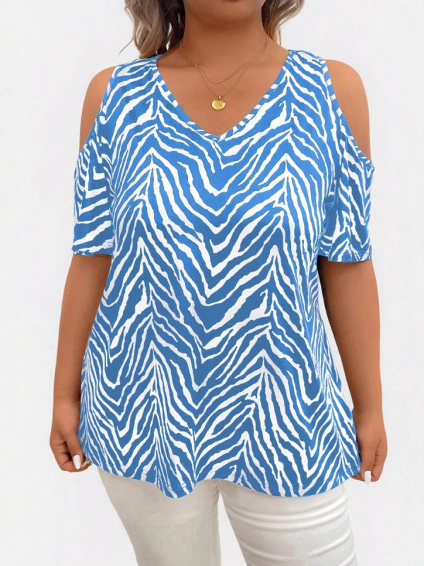 2025. gada Eiropas un Amerikas pārrobežu vasaras jauns plus izmēra sieviešu plecu izgriezuma V veida kakla tops ikdienas un ērts ceļojumu atvaļinājums