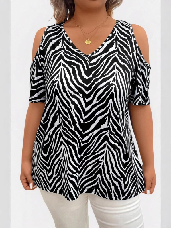 2025. gada Eiropas un Amerikas pārrobežu vasaras jauns plus izmēra sieviešu plecu izgriezuma V veida kakla tops ikdienas un ērts ceļojumu atvaļinājums