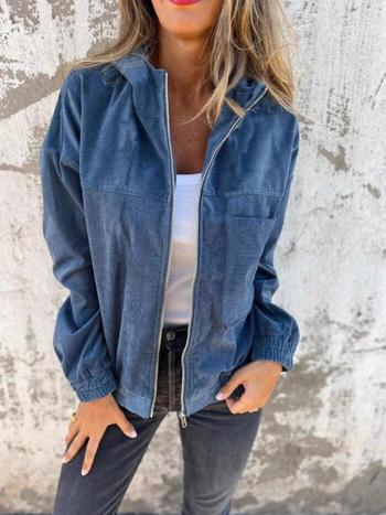 Independent Station Cross-Border Ζεστό Φθινοπωρινό Νέο Μονόχρωμο Γυναικείο Μπουφάν Ευρωπαϊκό και Αμερικανικό Απλό Στυλ Κοτλέ Μπουφάν με Κουκούλα Γυναικείο