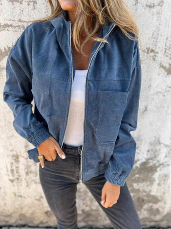 Independent Station Cross-Border Ζεστό Φθινοπωρινό Νέο Μονόχρωμο Γυναικείο Μπουφάν Ευρωπαϊκό και Αμερικανικό Απλό Στυλ Κοτλέ Μπουφάν με Κουκούλα Γυναικείο