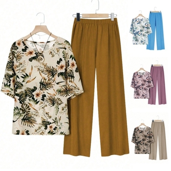 Άνοιξη/Καλοκαίρι 2025 Νέο Amazon Cross-Border Ευρωπαϊκό και Αμερικανικό Σετ Plus Size με Στάμπα, Κοντομάνικο Μονόχρωμο Μακρύ Παντελόνι, Casual Loose