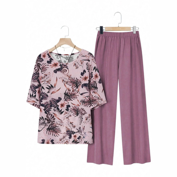 Άνοιξη/Καλοκαίρι 2025 Νέο Amazon Cross-Border Ευρωπαϊκό και Αμερικανικό Σετ Plus Size με Στάμπα, Κοντομάνικο Μονόχρωμο Μακρύ Παντελόνι, Casual Loose