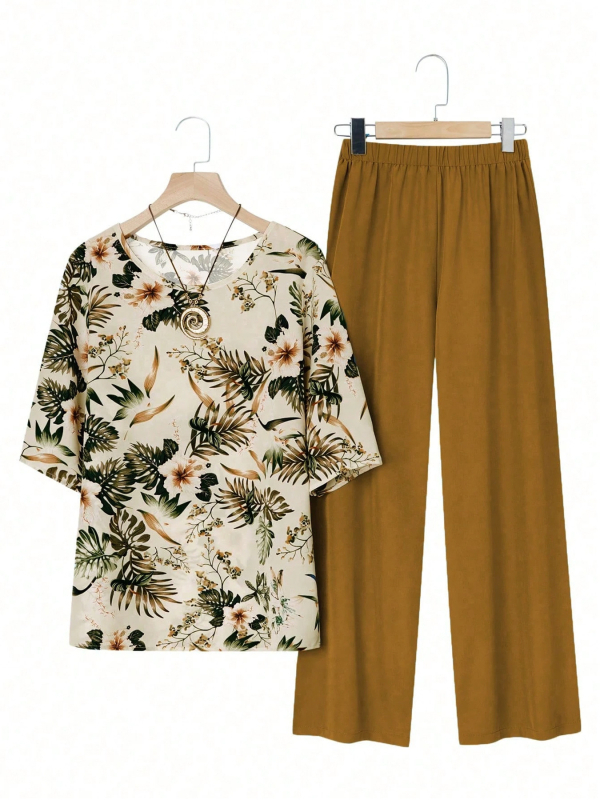 Άνοιξη/Καλοκαίρι 2025 Νέο Amazon Cross-Border Ευρωπαϊκό και Αμερικανικό Σετ Plus Size με Στάμπα, Κοντομάνικο Μονόχρωμο Μακρύ Παντελόνι, Casual Loose