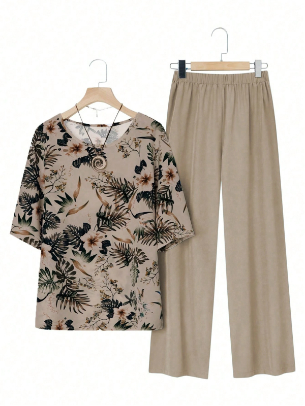 Άνοιξη/Καλοκαίρι 2025 Νέο Amazon Cross-Border Ευρωπαϊκό και Αμερικανικό Σετ Plus Size με Στάμπα, Κοντομάνικο Μονόχρωμο Μακρύ Παντελόνι, Casual Loose