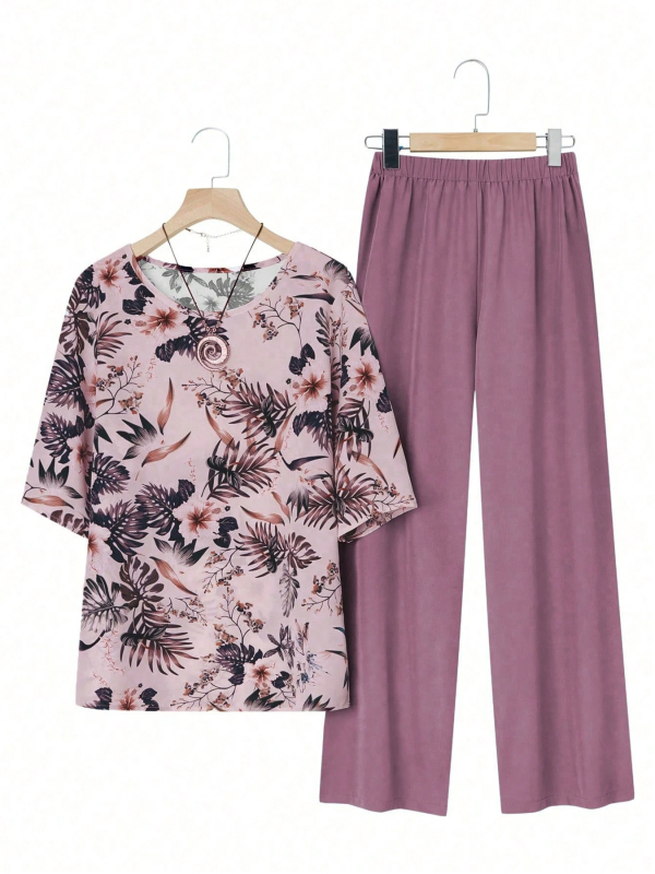 Άνοιξη/Καλοκαίρι 2025 Νέο Amazon Cross-Border Ευρωπαϊκό και Αμερικανικό Σετ Plus Size με Στάμπα, Κοντομάνικο Μονόχρωμο Μακρύ Παντελόνι, Casual Loose