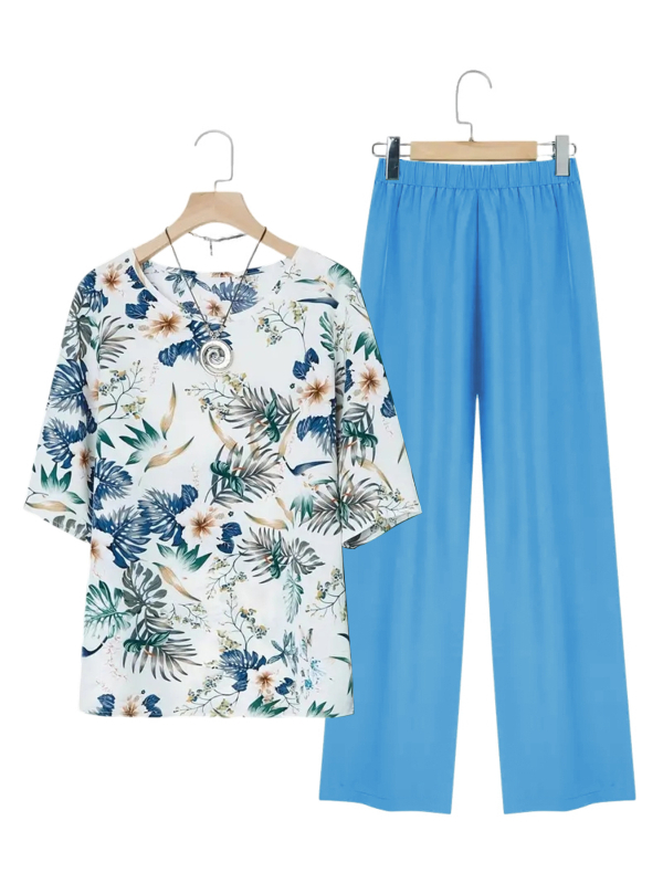 Άνοιξη/Καλοκαίρι 2025 Νέο Amazon Cross-Border Ευρωπαϊκό και Αμερικανικό Σετ Plus Size με Στάμπα, Κοντομάνικο Μονόχρωμο Μακρύ Παντελόνι, Casual Loose