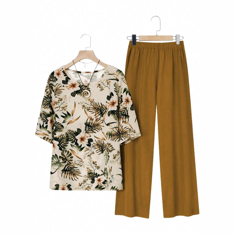 Άνοιξη/Καλοκαίρι 2025 Νέο Amazon Cross-Border Ευρωπαϊκό και Αμερικανικό Σετ Plus Size με Στάμπα, Κοντομάνικο Μονόχρωμο Μακρύ Παντελόνι, Casual Loose