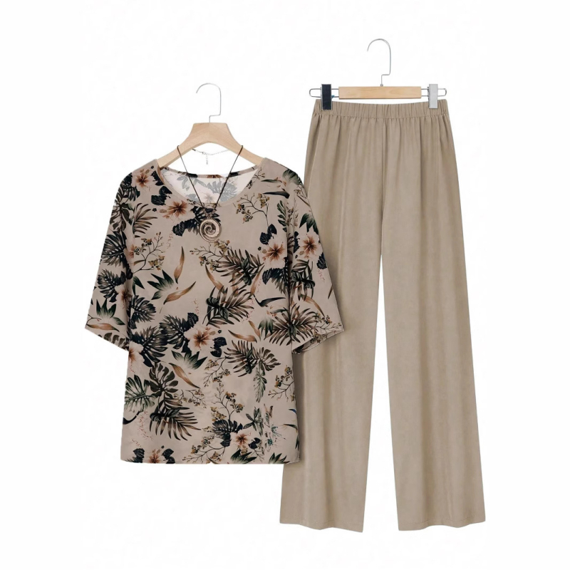 Άνοιξη/Καλοκαίρι 2025 Νέο Amazon Cross-Border Ευρωπαϊκό και Αμερικανικό Σετ Plus Size με Στάμπα, Κοντομάνικο Μονόχρωμο Μακρύ Παντελόνι, Casual Loose