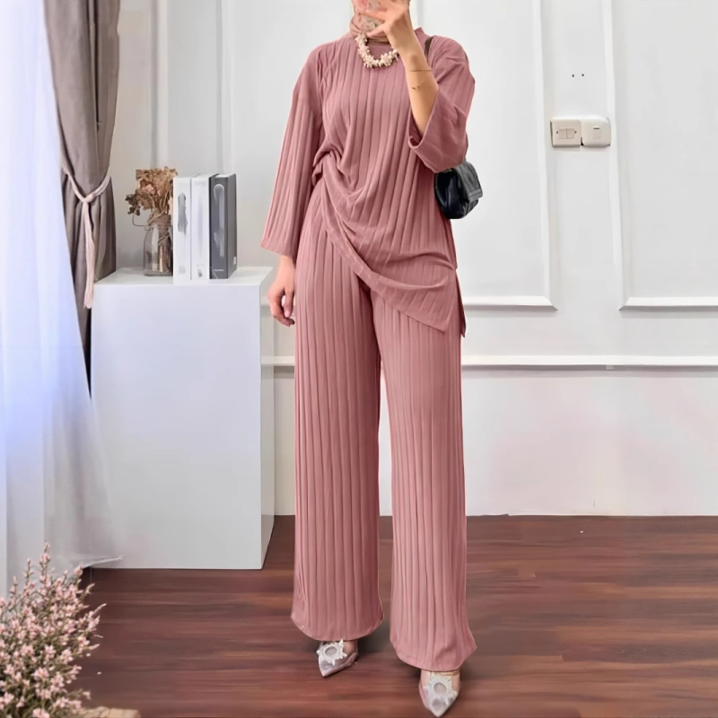 Naiste piiriülene 2023. aasta sügis-talv, uus, pikkade varrukatega topp ja laiad püksid, ühevärviline vabaaja spordirõivaste kaheosaline komplekt