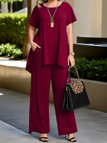 Пролетно-летен дамски топ за големи размери, ежедневен и универсален, едноцветен, с кръгло деколте, къс ръкав, ежедневна еластична талия и широки джобове