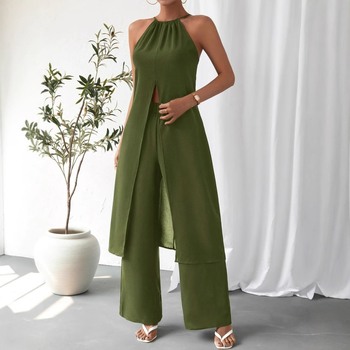 Piiriülene uus Euroopa ja Ameerika varrukateta rippuva kaelusega seksikas Spice Girls seljata lahtise lõhestatud kleidi kõrge vöökohaga püksid naiste ülikond