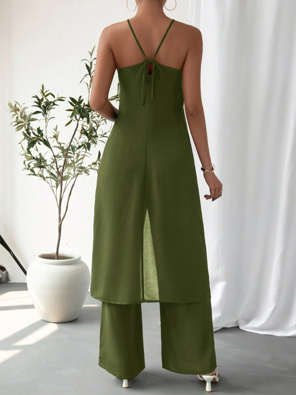 Piiriülene uus Euroopa ja Ameerika varrukateta rippuva kaelusega seksikas Spice Girls seljata lahtise lõhestatud kleidi kõrge vöökohaga püksid naiste ülikond