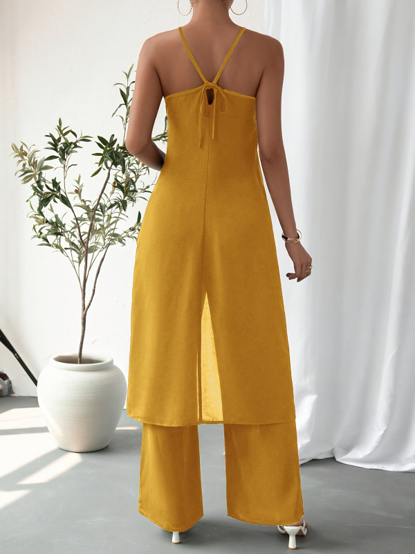 Piiriülene uus Euroopa ja Ameerika varrukateta rippuva kaelusega seksikas Spice Girls seljata lahtise lõhestatud kleidi kõrge vöökohaga püksid naiste ülikond