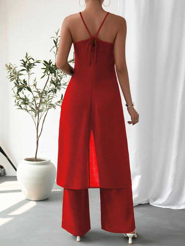 Piiriülene uus Euroopa ja Ameerika varrukateta rippuva kaelusega seksikas Spice Girls seljata lahtise lõhestatud kleidi kõrge vöökohaga püksid naiste ülikond