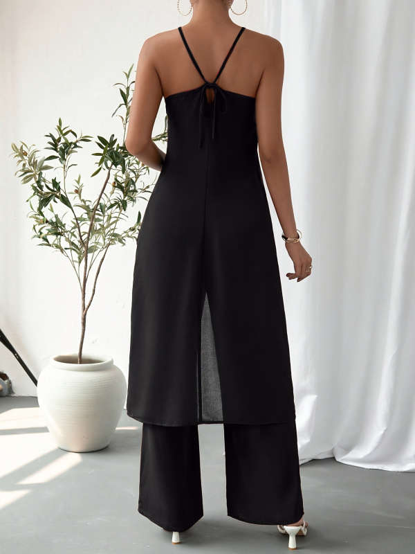 Piiriülene uus Euroopa ja Ameerika varrukateta rippuva kaelusega seksikas Spice Girls seljata lahtise lõhestatud kleidi kõrge vöökohaga püksid naiste ülikond