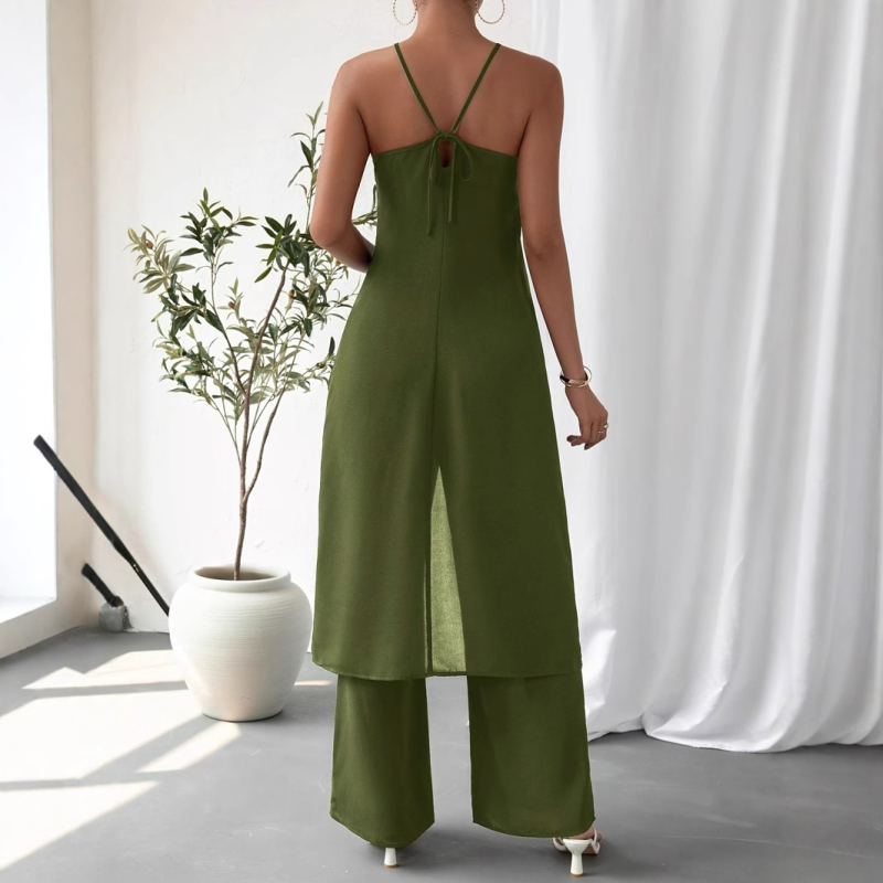 Piiriülene uus Euroopa ja Ameerika varrukateta rippuva kaelusega seksikas Spice Girls seljata lahtise lõhestatud kleidi kõrge vöökohaga püksid naiste ülikond